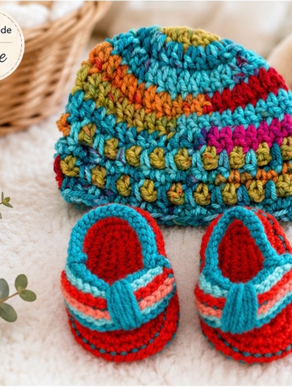 Handmade Crochet Newborn Hat
& Thong Style Sandals Set - Colorful Boho
Baby Gift